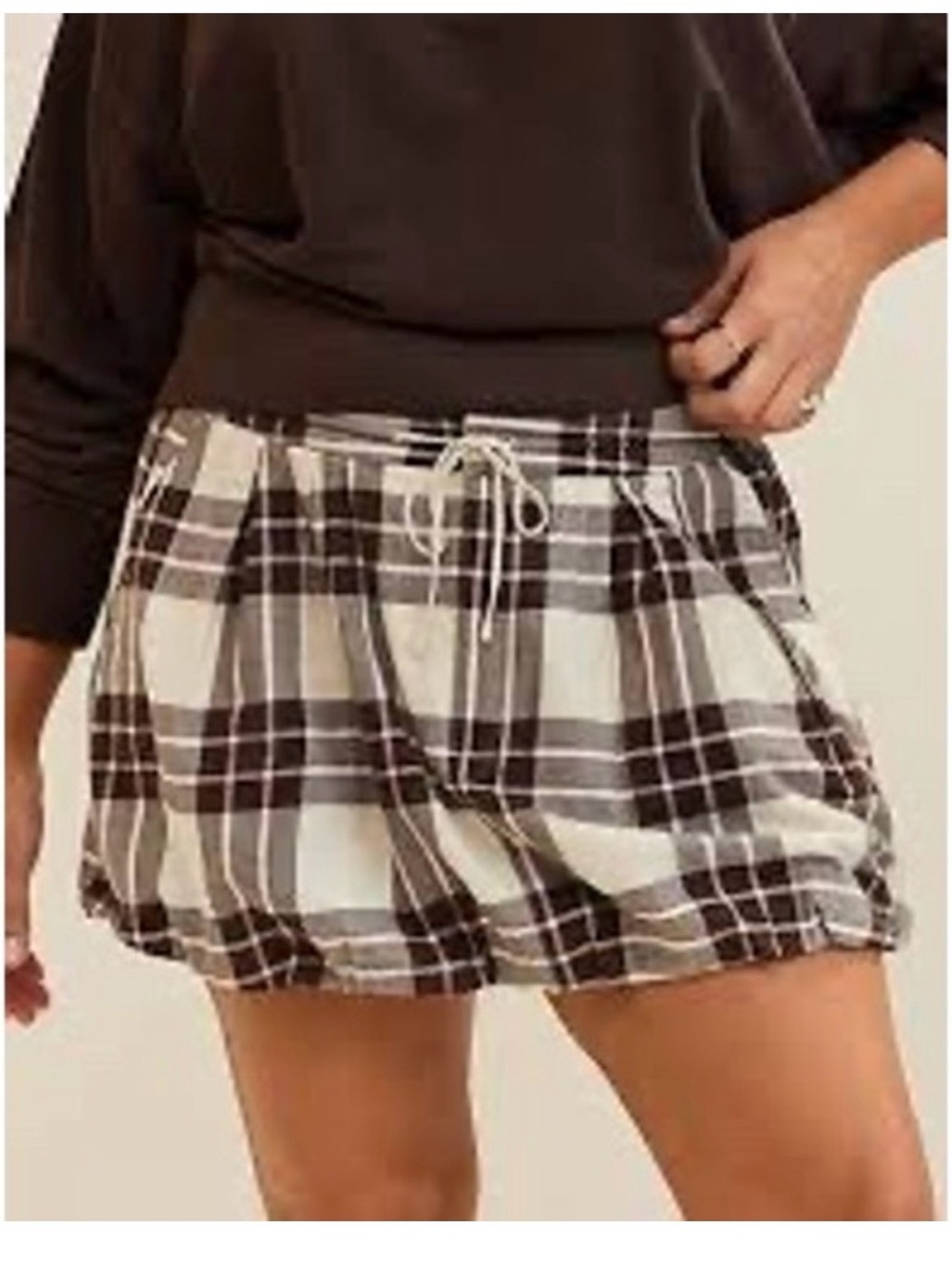 American Eagle Plaid Drawstring Mini bubble Skirt in Cream and Brown